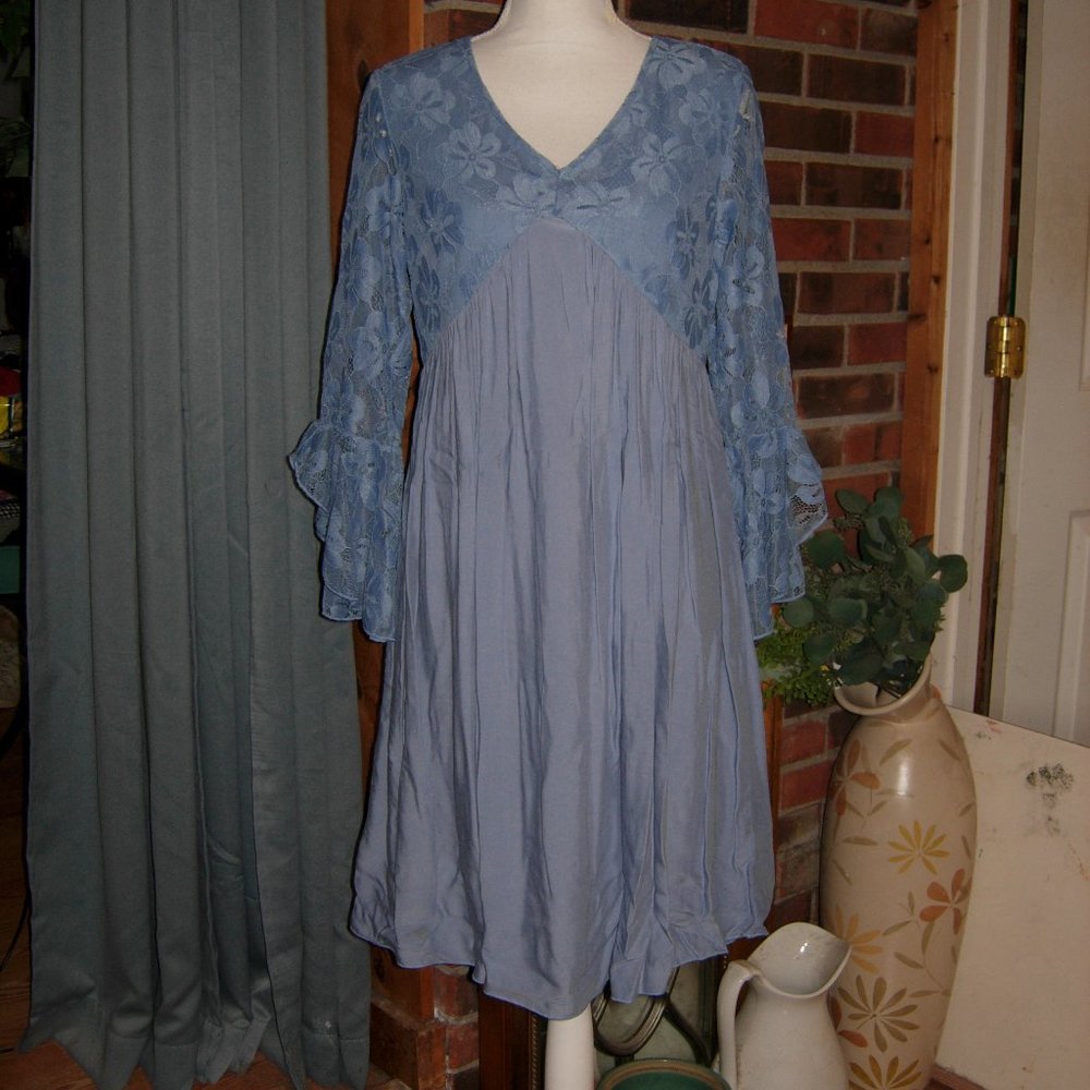 Cato Blue Lace Bell Sleeve Flowy Dress S